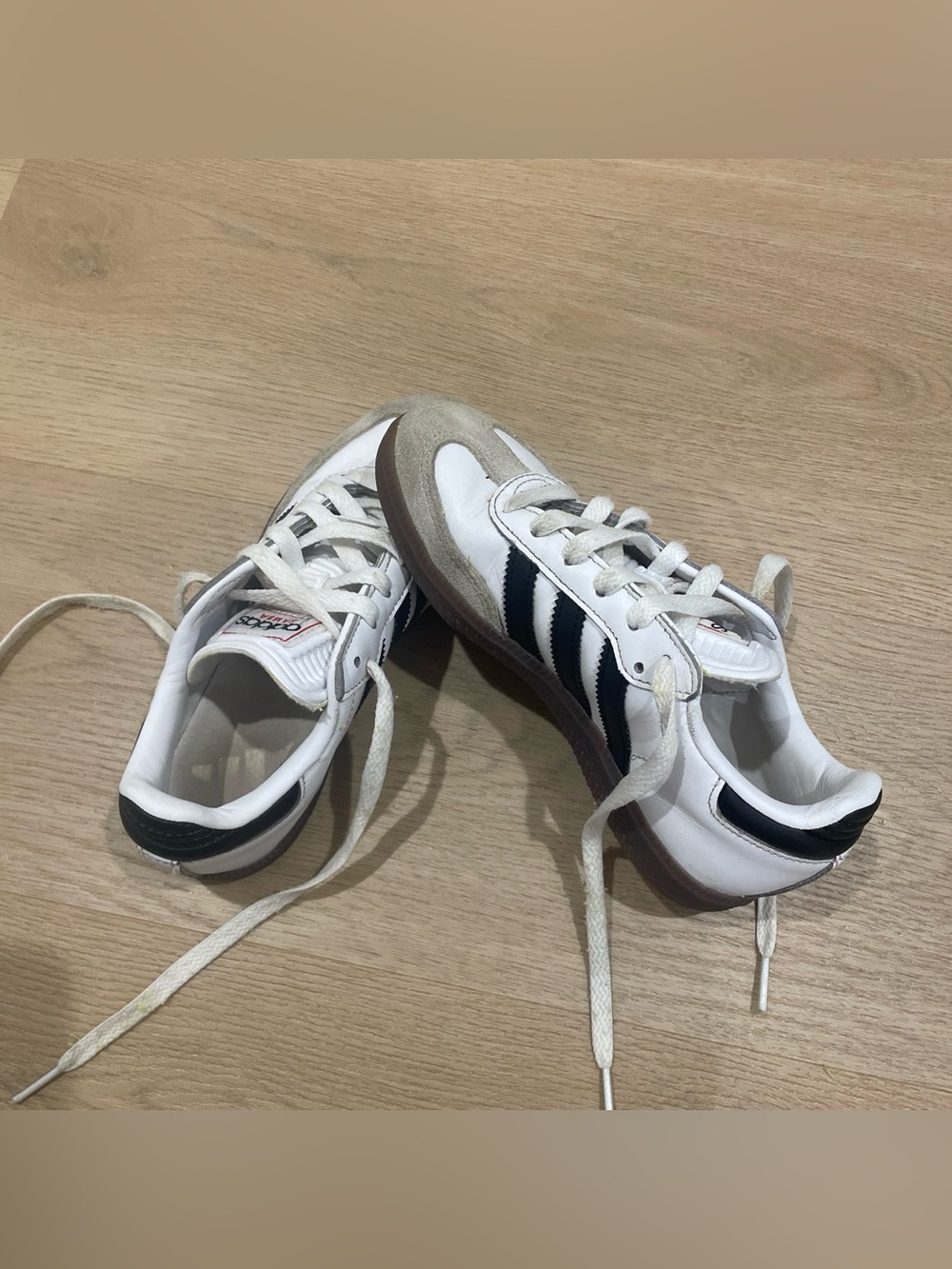adidas White Sneakers with Black Stripes and Tan Suede Toe